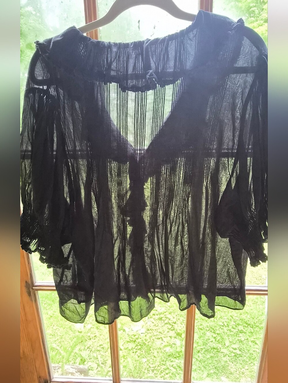 DÔEN Black Henri Sheer Cotton Gauze Ruffle Blouse XXL Rare